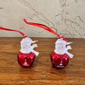 2 Snowman Jingle Bell Christmas Ornaments I Love My Dad & I Love My Mom